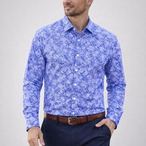 Egara Modern Fit Stretch Button-Down Shirt M – Blue Floral Print, Non-Iron